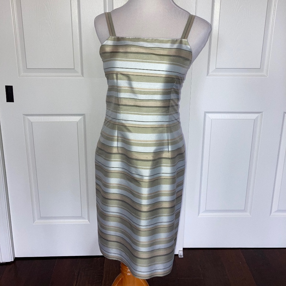 100% Silk Casual Corner Striped Dress 4 Blue Green Tan Cocktail